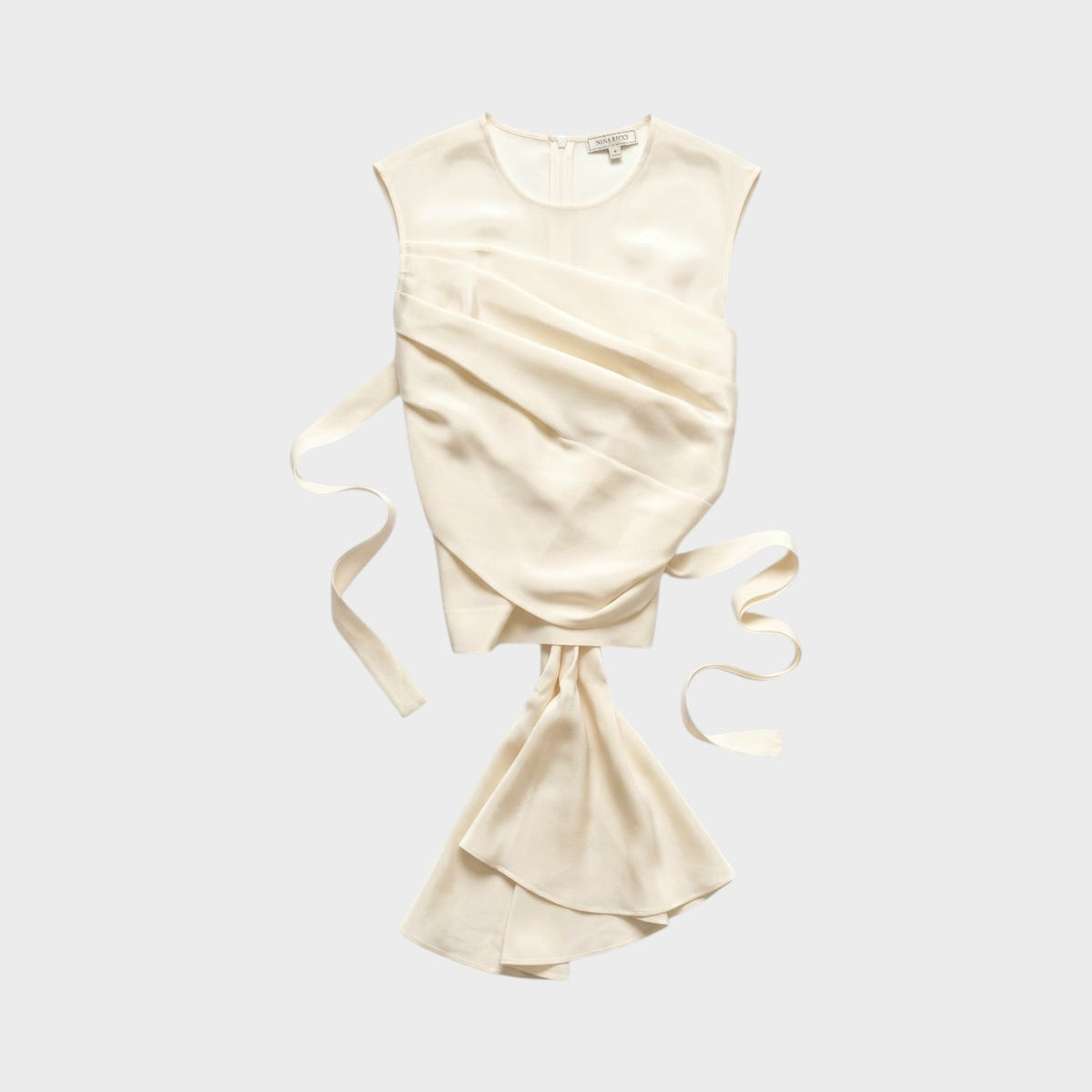 Tasoni Nina Ricci cream technical silk tank top featuring an asymmetric draped design with side tie details.