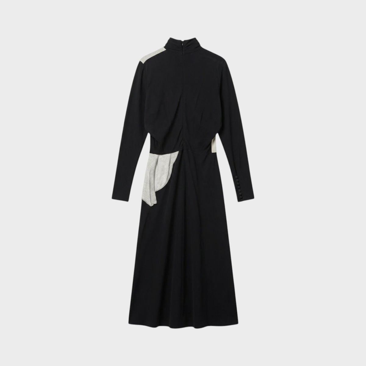 Tasoni Nina Ricci black long-sleeve midi dress with high neck and white draped side detail