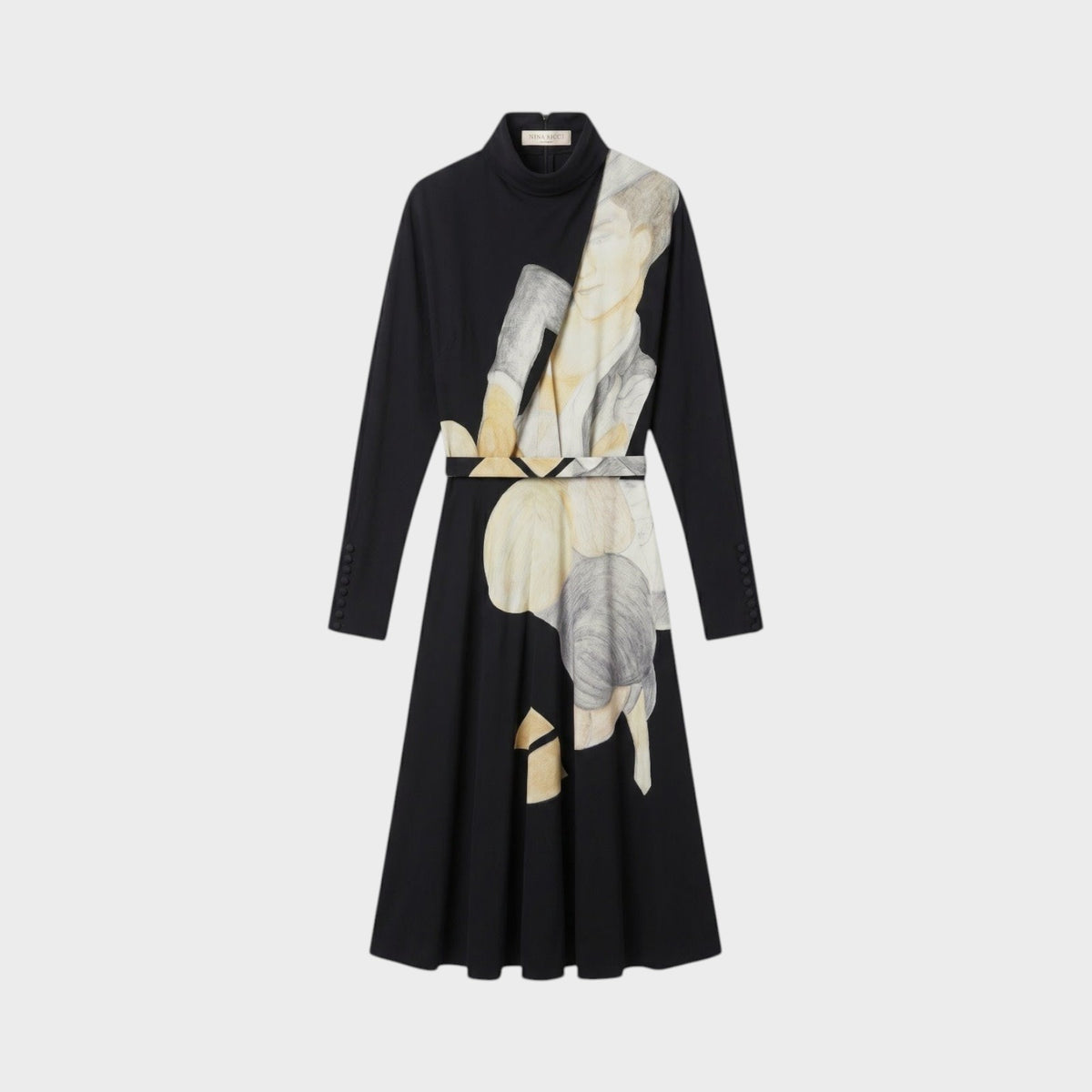 Tasoni Nina Ricci black midi dress with a high neck, long sleeves, and a draped artistic figure print on the front.