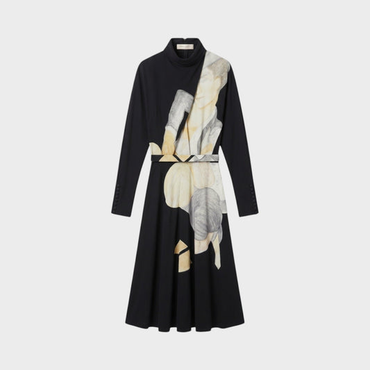 Tasoni Nina Ricci black midi dress with a high neck, long sleeves, and a draped artistic figure print on the front.