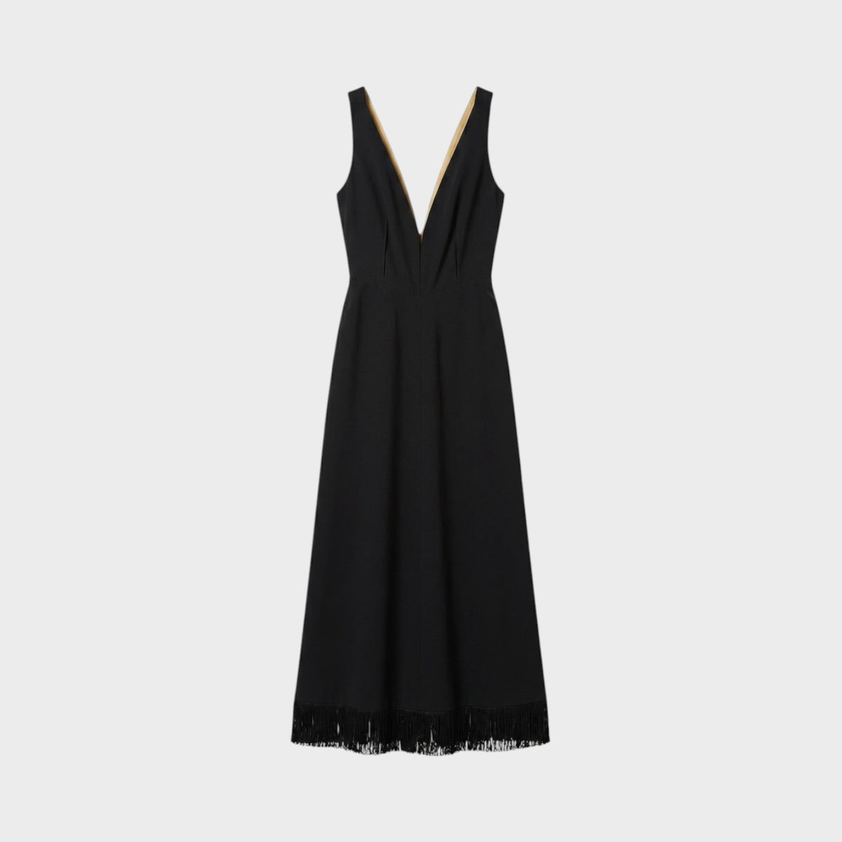 Tasoni Nina Ricci black sleeveless long dress with a deep V-neck and fringe hem detail.