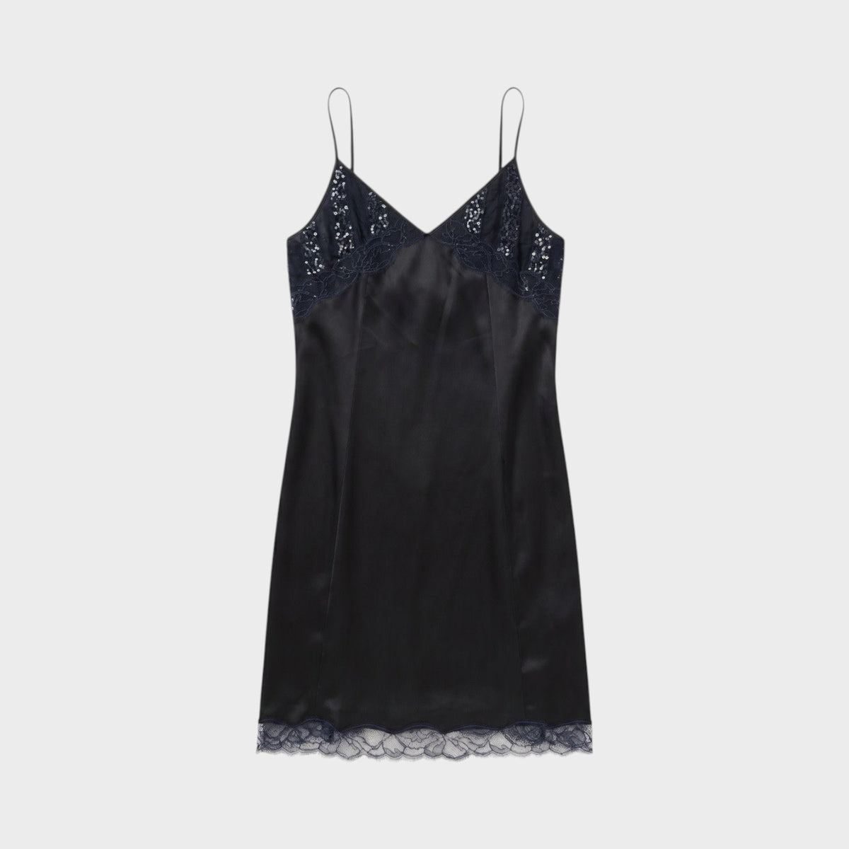 Tasoni Nina Ricci black silk camisole dress featuring delicate lace trim on the neckline and hem.