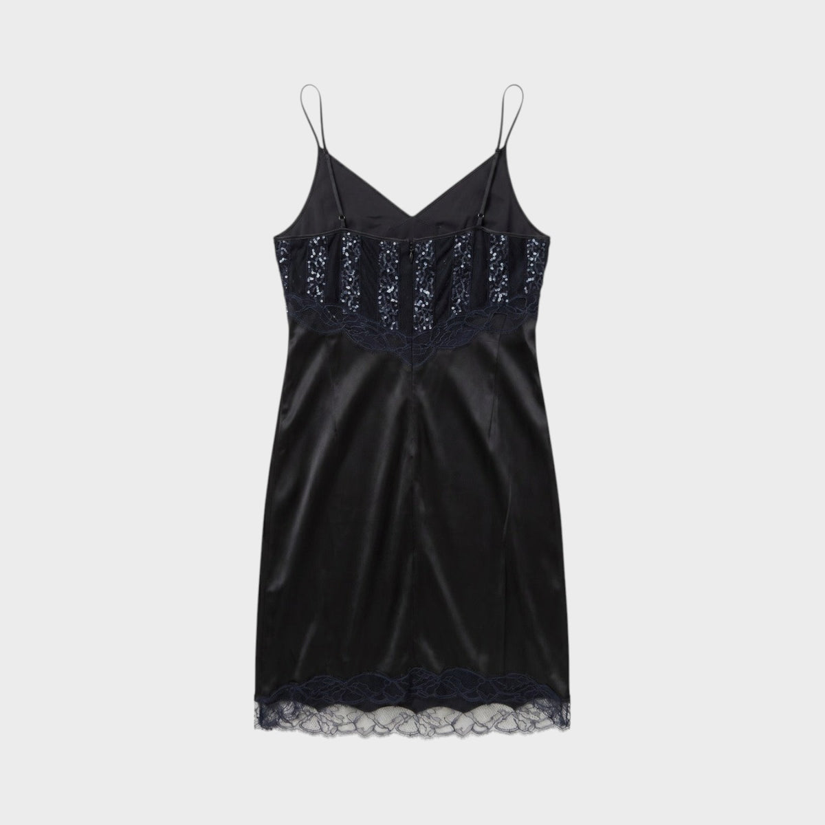 Tasoni Nina Ricci black short camisole dress featuring delicate lace trim and sequin bodice detailing.