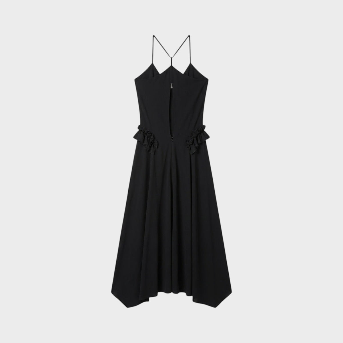 Tasoni Nina Ricci black long dress with spaghetti straps, ruffled waist details, and a back cutout design.