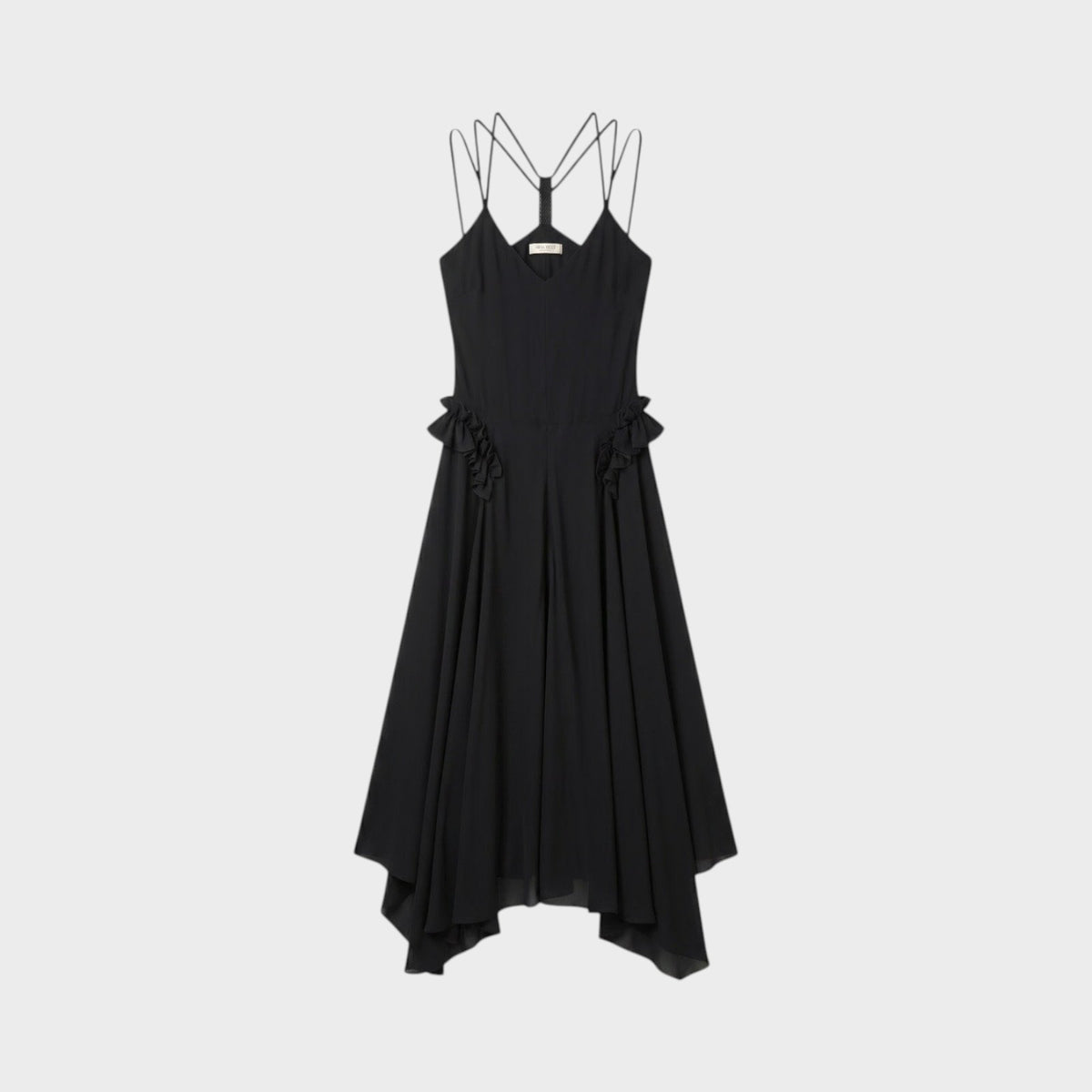 Tasoni Nina Ricci black long dress featuring delicate ruffle details and a strappy racerback design.