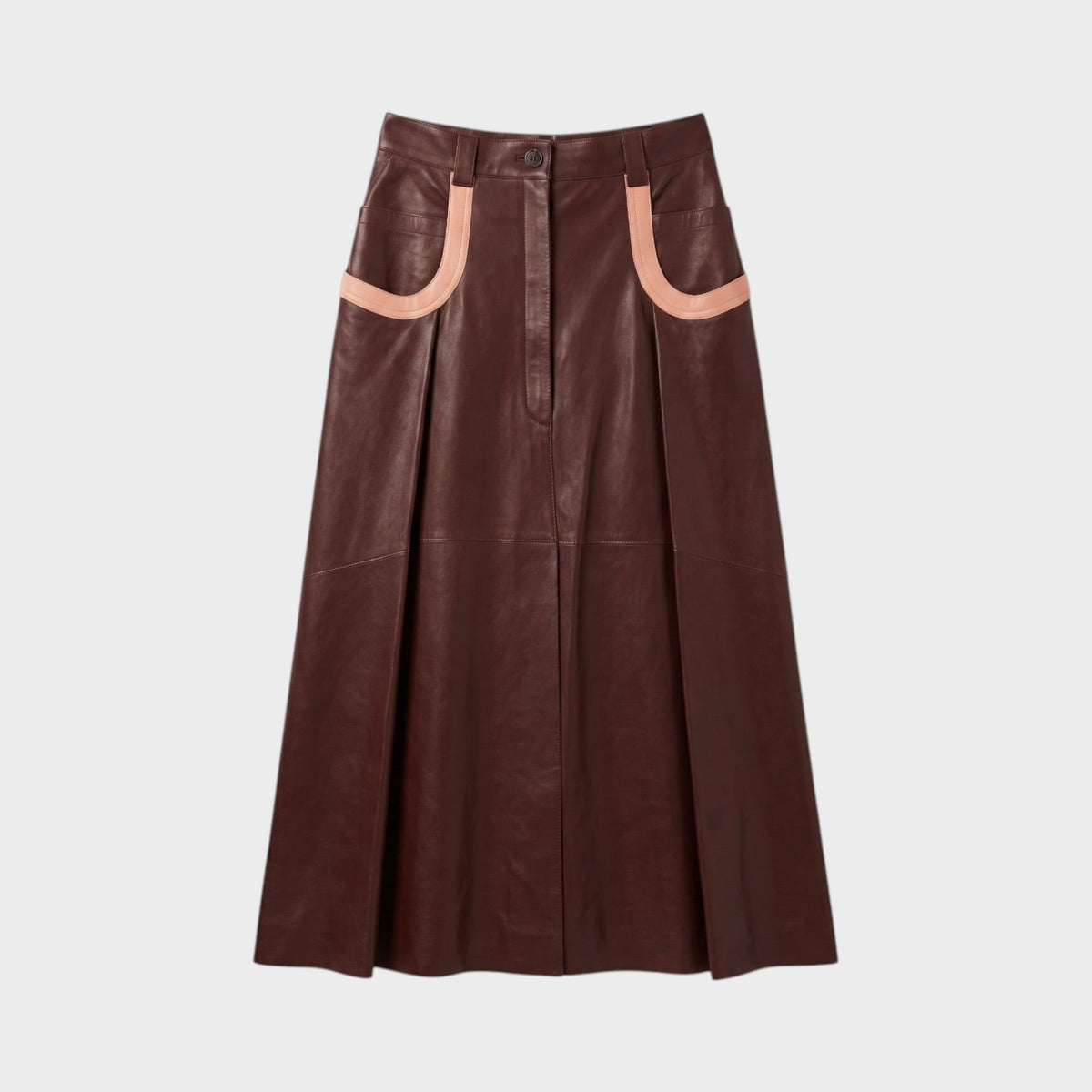 Tasoni Nina Ricci midi-length brown leather skirt featuring contrasting pale pink pocket details and a pleated design.