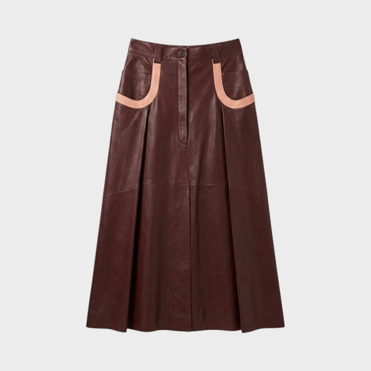 Tasoni Nina Ricci midi-length brown leather skirt featuring contrasting pale pink pocket details and a pleated design.