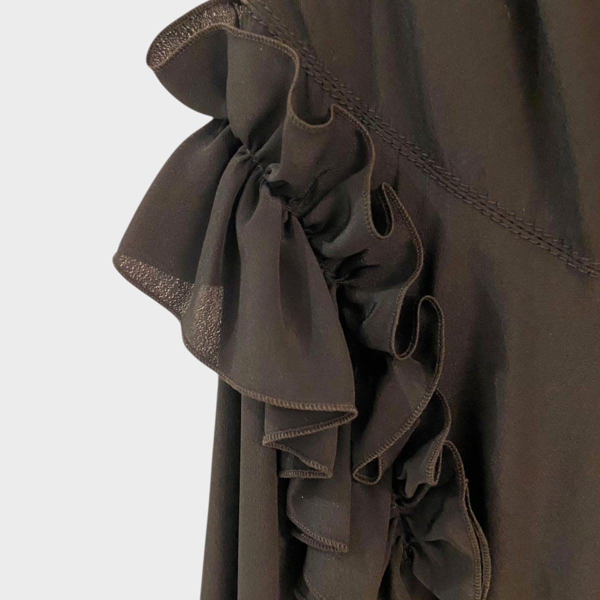 Tasoni Nina Ricci long dress in dark brown featuring delicate layered ruffle detailing on the fabric