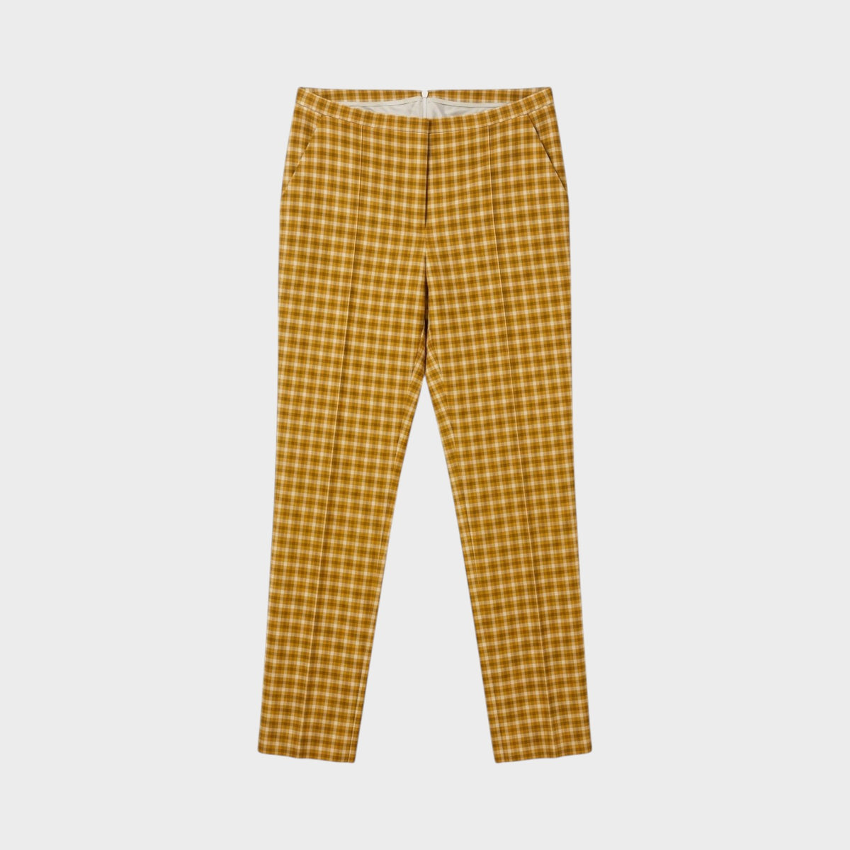 Tasoni Nina Ricci caramel and white plaid tailored trousers with a slim fit and side pockets.