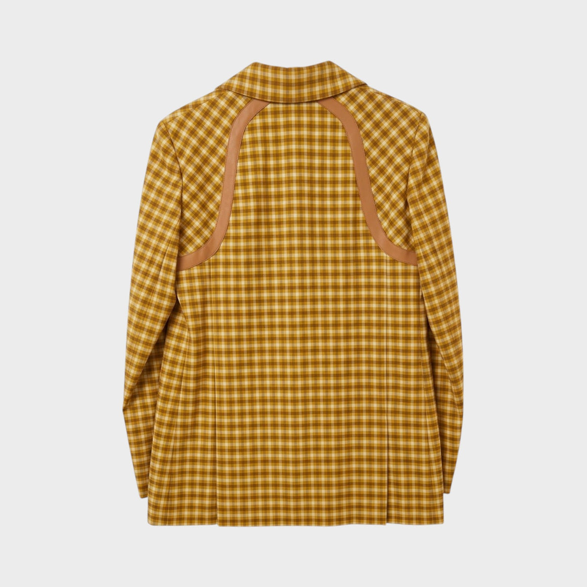 Back view of Tasoni Nina Ricci Beurre check blazer in mustard yellow plaid with leather shoulder panel detailing.