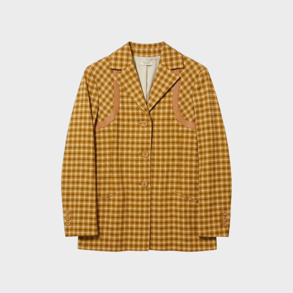 Tasoni Nina Ricci Beurre check blazer in mustard yellow plaid with leather trim detailing and button front closure.