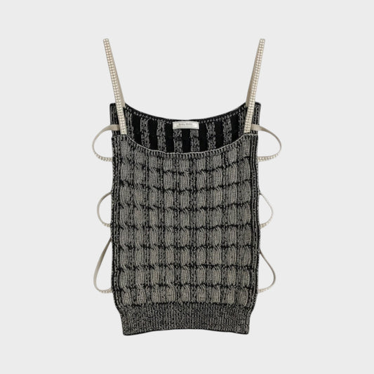 Tasoni Nina Ricci cropped knit top in black and silver with crystal-embellished straps and side cut-out details.