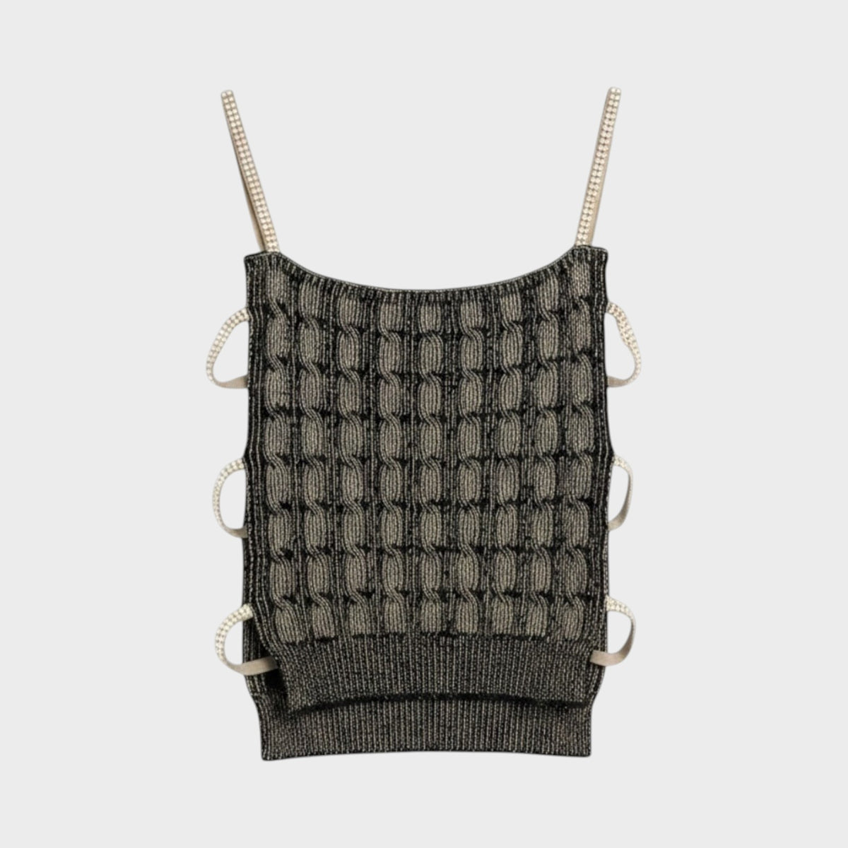 Tasoni Nina Ricci cropped knit top in dark grey with textured cable pattern and sparkling crystal-embellished straps.
