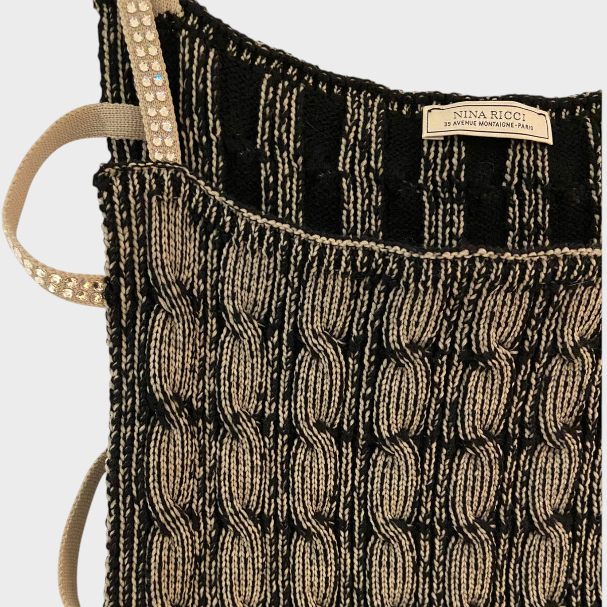 Tasoni Nina Ricci black and beige cable knit cropped top with sparkling crystal-embellished straps