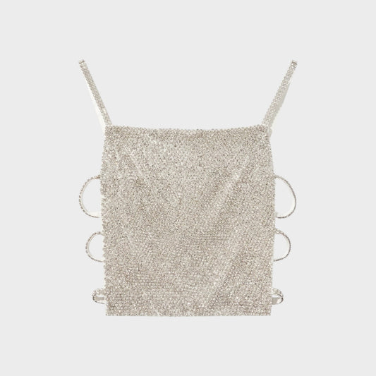 Tasoni Nina Ricci crystal embellished square neck top with side cutouts and thin rhinestone straps