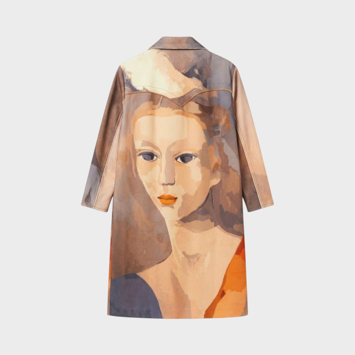 Tasoni Nina Ricci coat featuring an artistic abstract face print in warm earth tones with a classic collar.