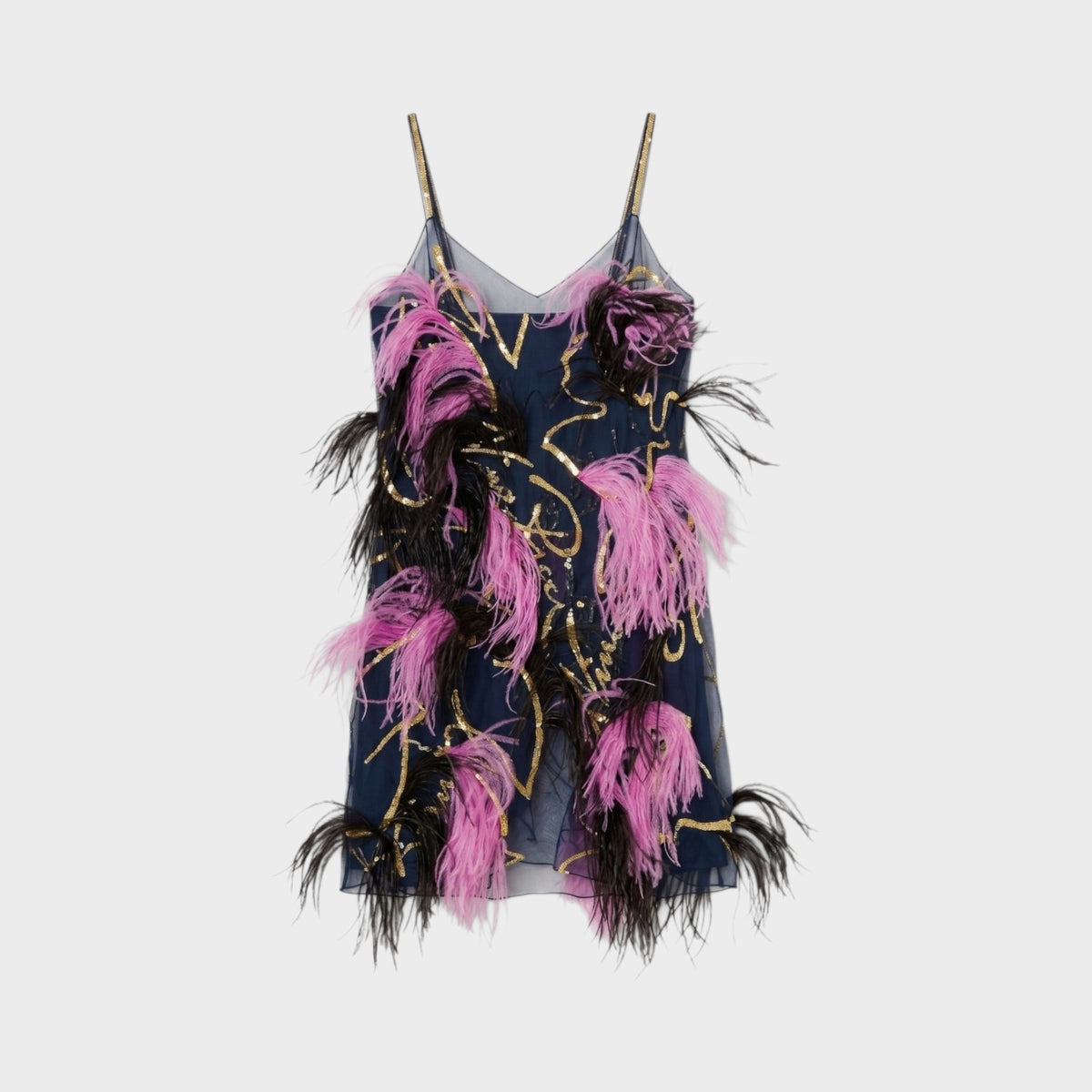 Tasoni Nina Ricci navy blue mini dress featuring pink and black feather embellishments and gold sequin embroidery.