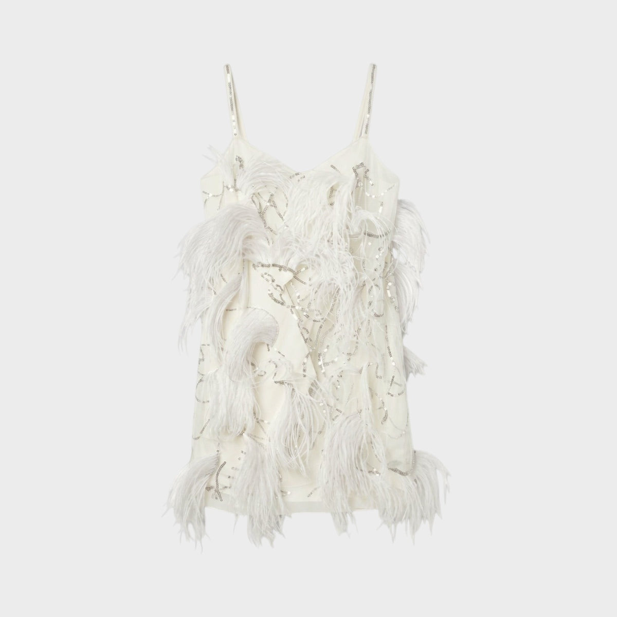 Tasoni Nina Ricci white mini dress featuring delicate feathers and shimmering sequin embellishments