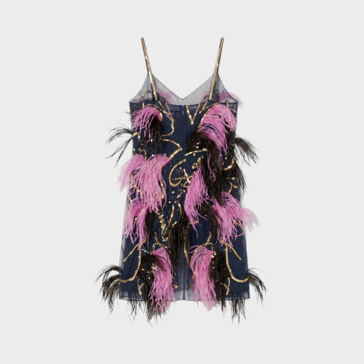 Tasoni Nina Ricci navy blue mini dress with gold sequin embroidery and pink and black feather embellishments
