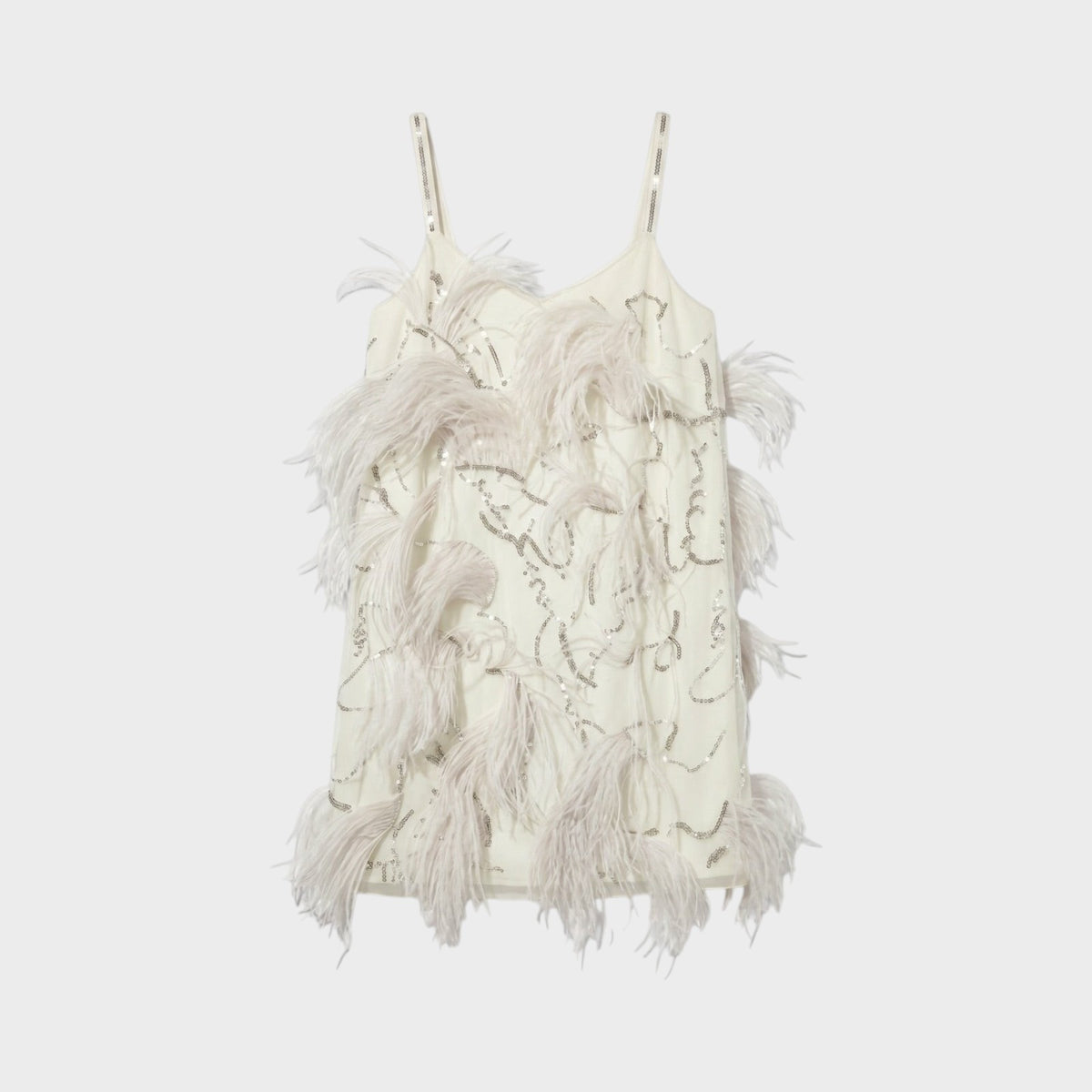 Tasoni Nina Ricci white mini dress featuring delicate feather trim and intricate silver sequin embellishments.