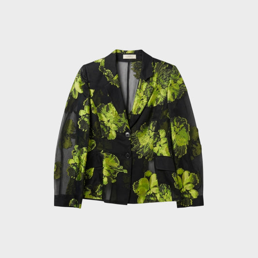 Tasoni Nina Ricci blazer in black and lime green silk gauze with a floral jacquard pattern and button front closure.