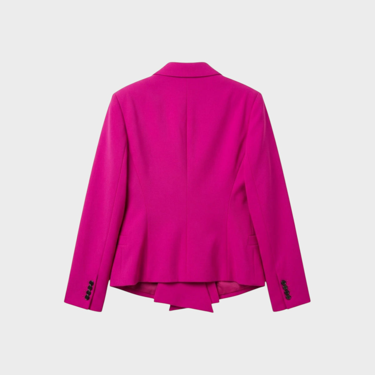 Back view of a Tasoni Nina Ricci fuchsia pink wool gabardine blazer with tailored fit and buttoned cuffs.