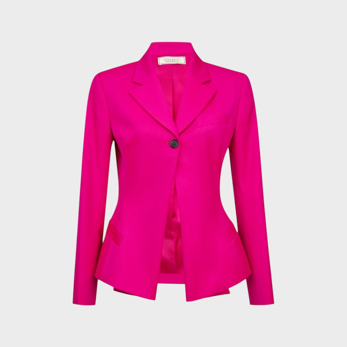 Tasoni Nina Ricci fuchsia pink wool gabardine blazer with a single button closure and tailored peplum silhouette.