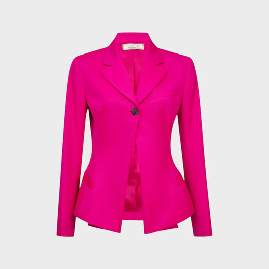 Tasoni Nina Ricci fuchsia pink wool gabardine blazer with a single button closure and tailored peplum silhouette.