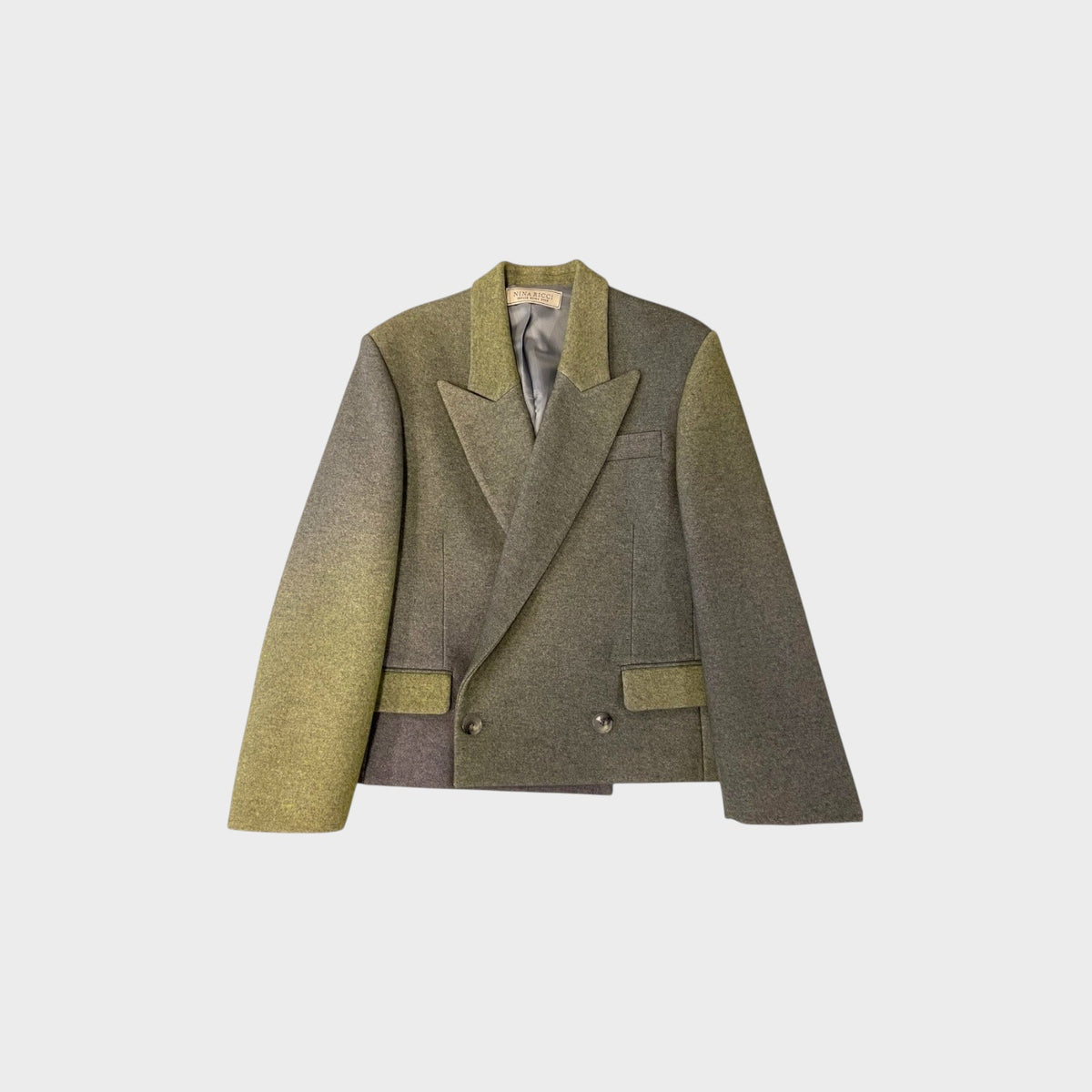Tasoni Nina Ricci double-breasted blazer in olive and grey gradient cashmere and wool blend with structured lapels