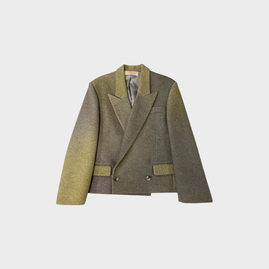 Tasoni Nina Ricci double-breasted blazer in olive and grey gradient cashmere and wool blend with structured lapels