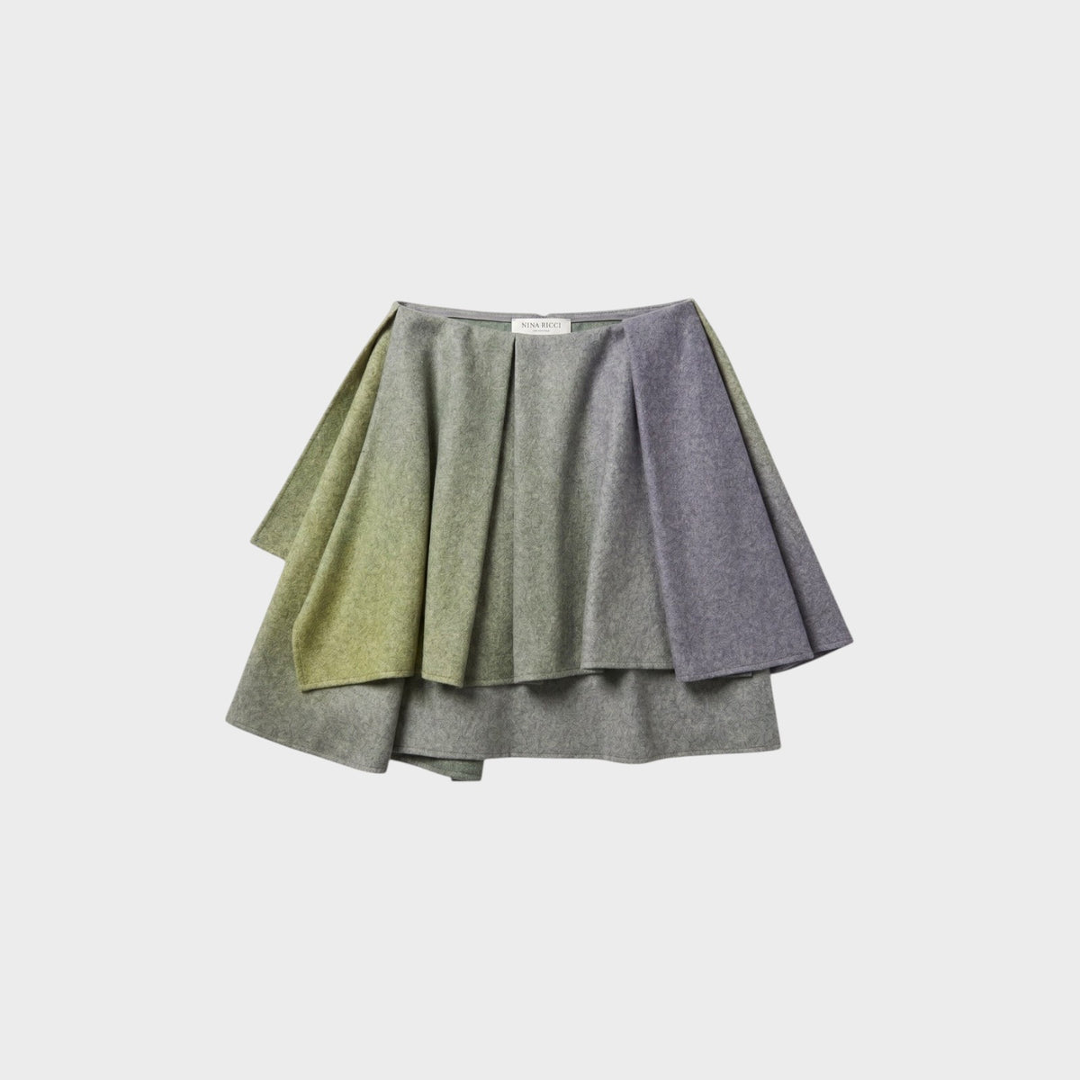 Tasoni Nina Ricci mini skirt in a multi-tonal green and purple gradient wool and cashmere blend with pleated detail.