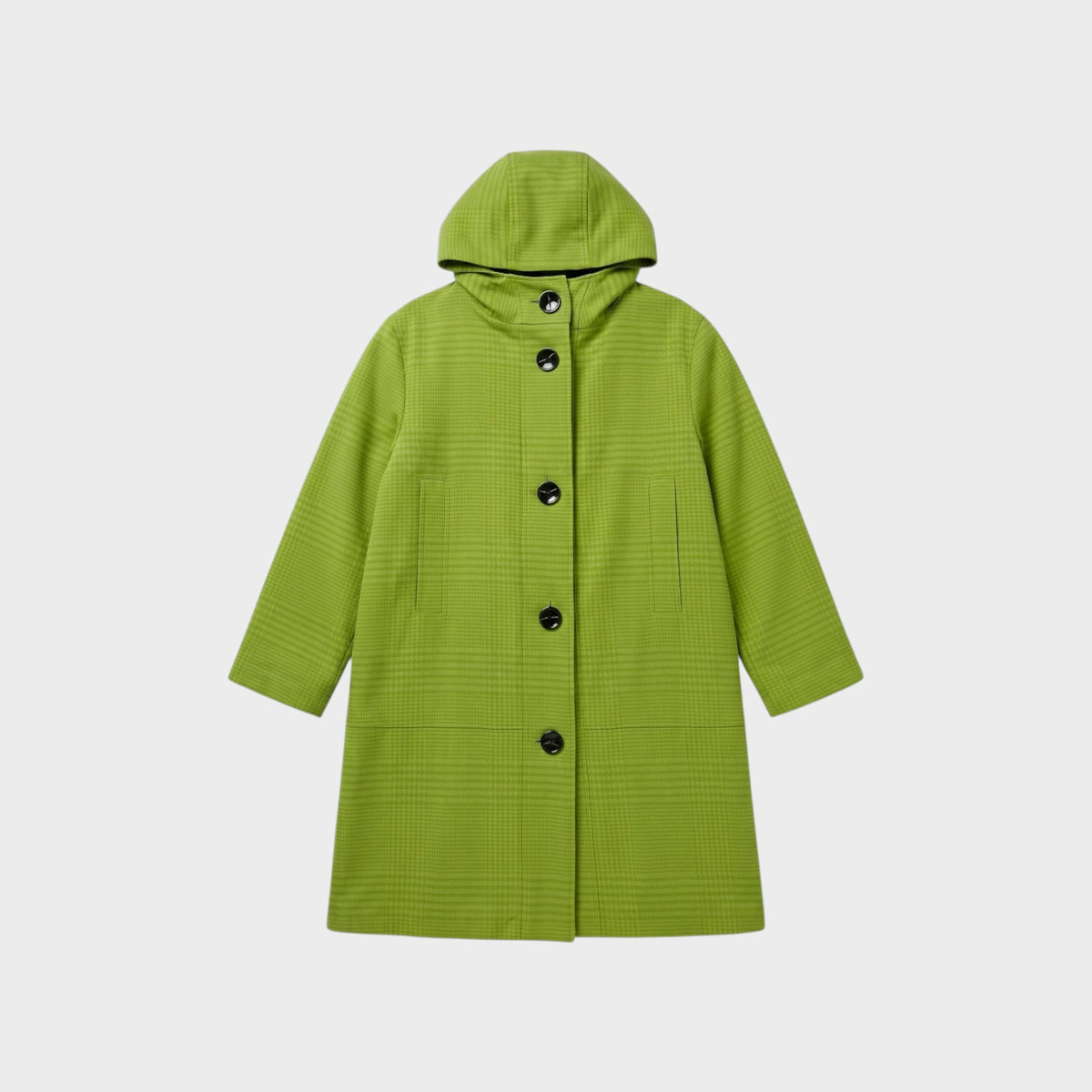 Tasoni Nina Ricci lime green houndstooth jacquard hooded jacket with black button closure