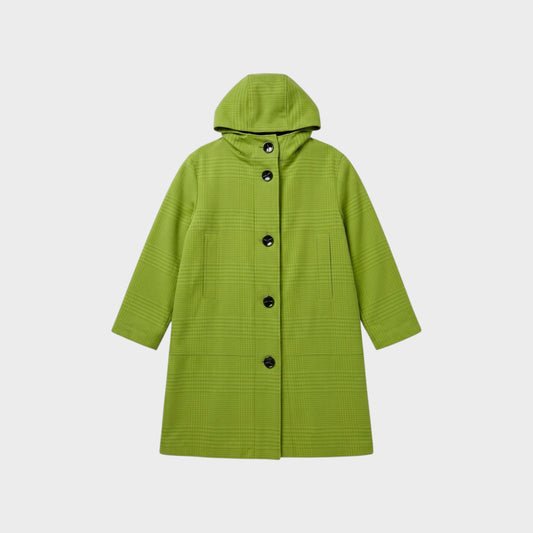 Tasoni Nina Ricci lime green houndstooth jacquard hooded jacket with black button closure