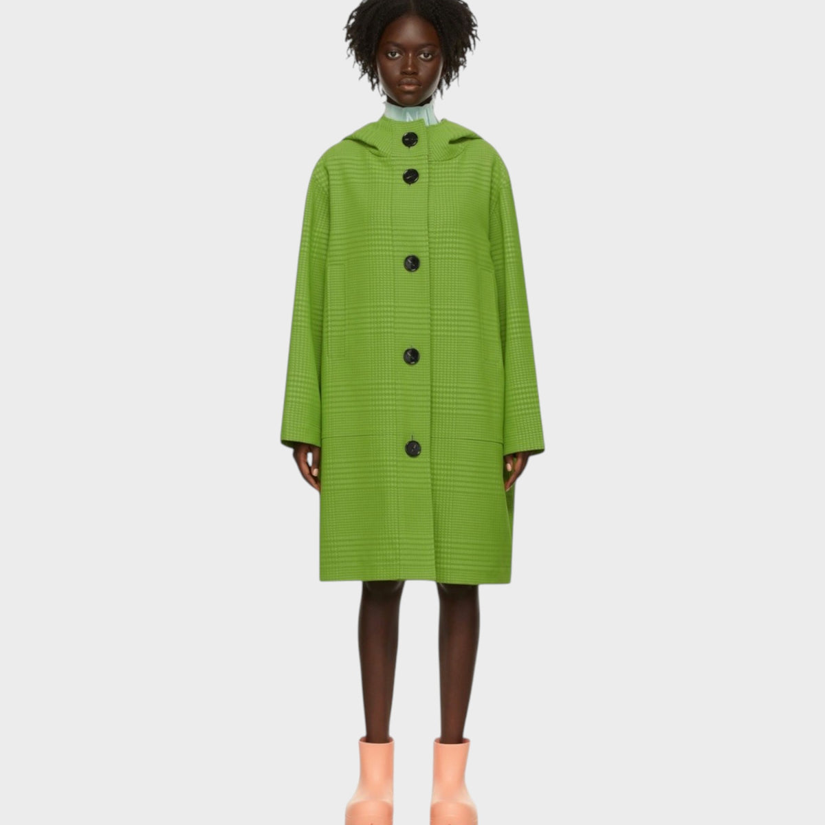 Tasoni Nina Ricci lime green houndstooth jacquard hooded jacket worn by a model on a light grey background