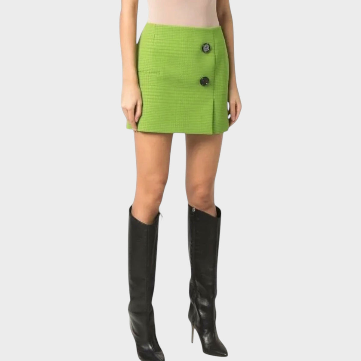 Tasoni Nina Ricci lime green houndstooth jacquard mini skirt with double button detail worn with black leather boots
