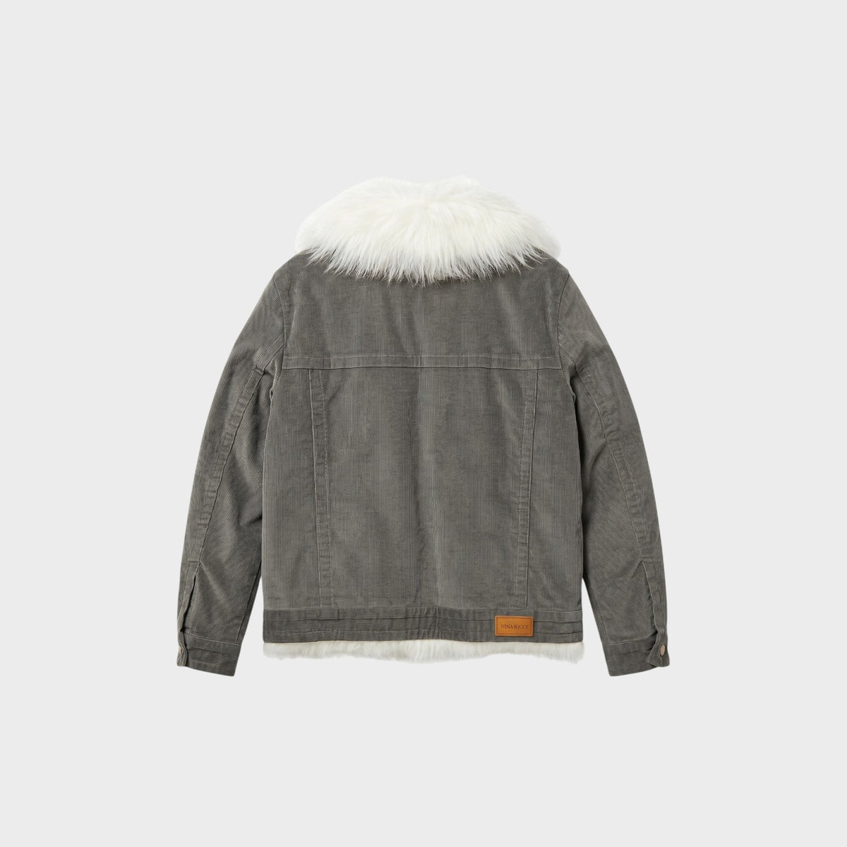 Tasoni Nina Ricci grey corduroy jacket featuring a white shearling collar and hem, back view