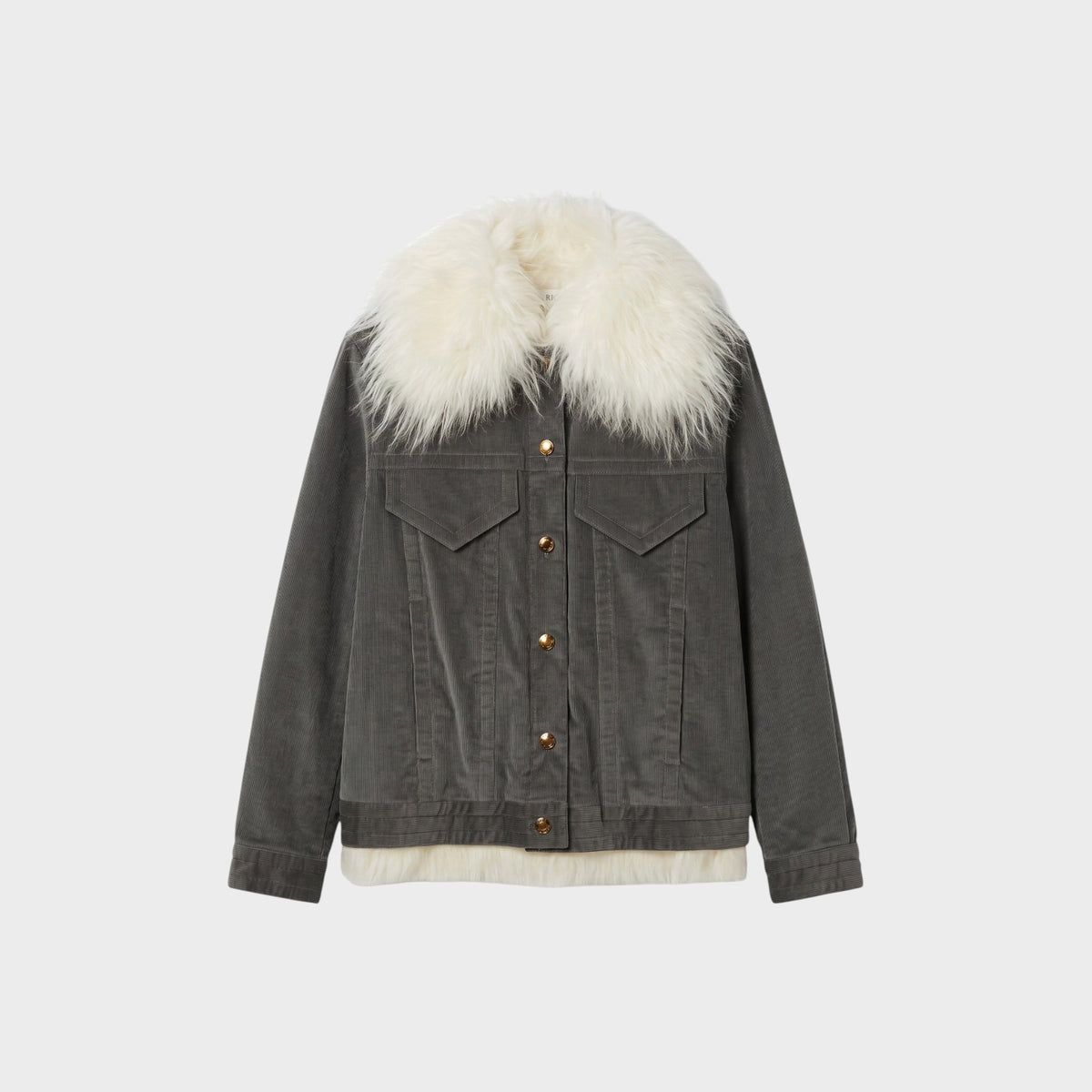Tasoni Nina Ricci grey corduroy jacket featuring a plush white shearling collar and hem with gold button closures.
