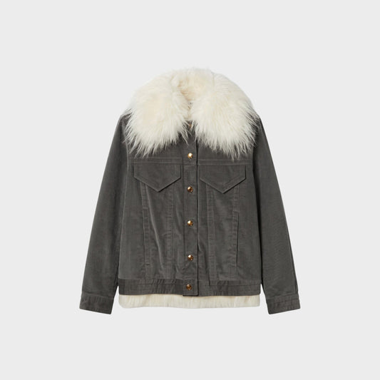 Tasoni Nina Ricci grey corduroy jacket featuring a plush white shearling collar and hem with gold button closures.