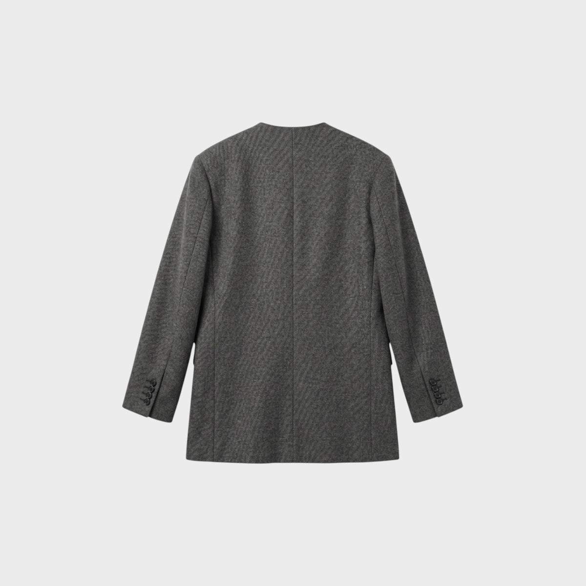 Back view of a Tasoni Nina Ricci grey virgin wool and cashmere blazer with a collarless design.