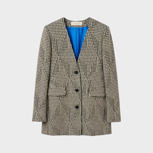 Tasoni Nina Ricci wool houndstooth blazer with a collarless neckline and vibrant blue interior lining.