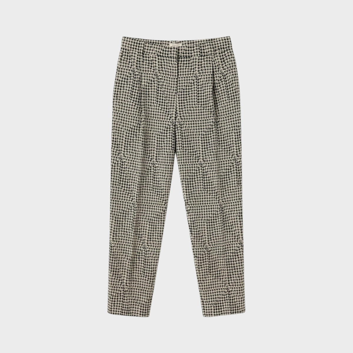 Tasoni Nina Ricci wool trousers featuring a classic black and white houndstooth pattern and tailored fit.