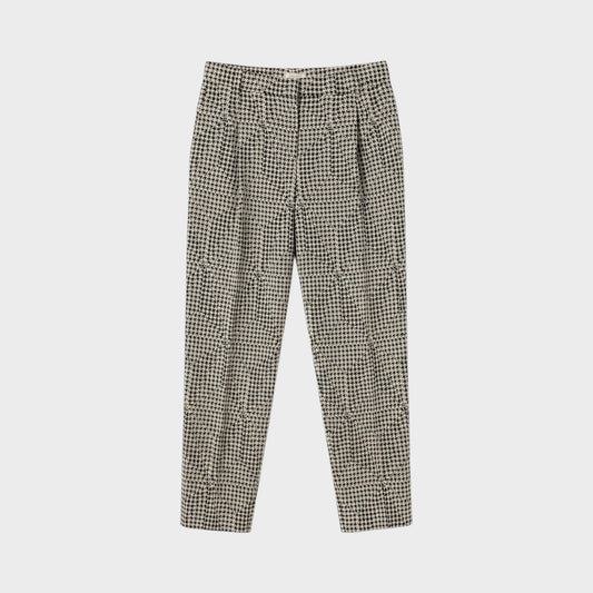 Tasoni Nina Ricci wool trousers featuring a classic black and white houndstooth pattern and tailored fit.