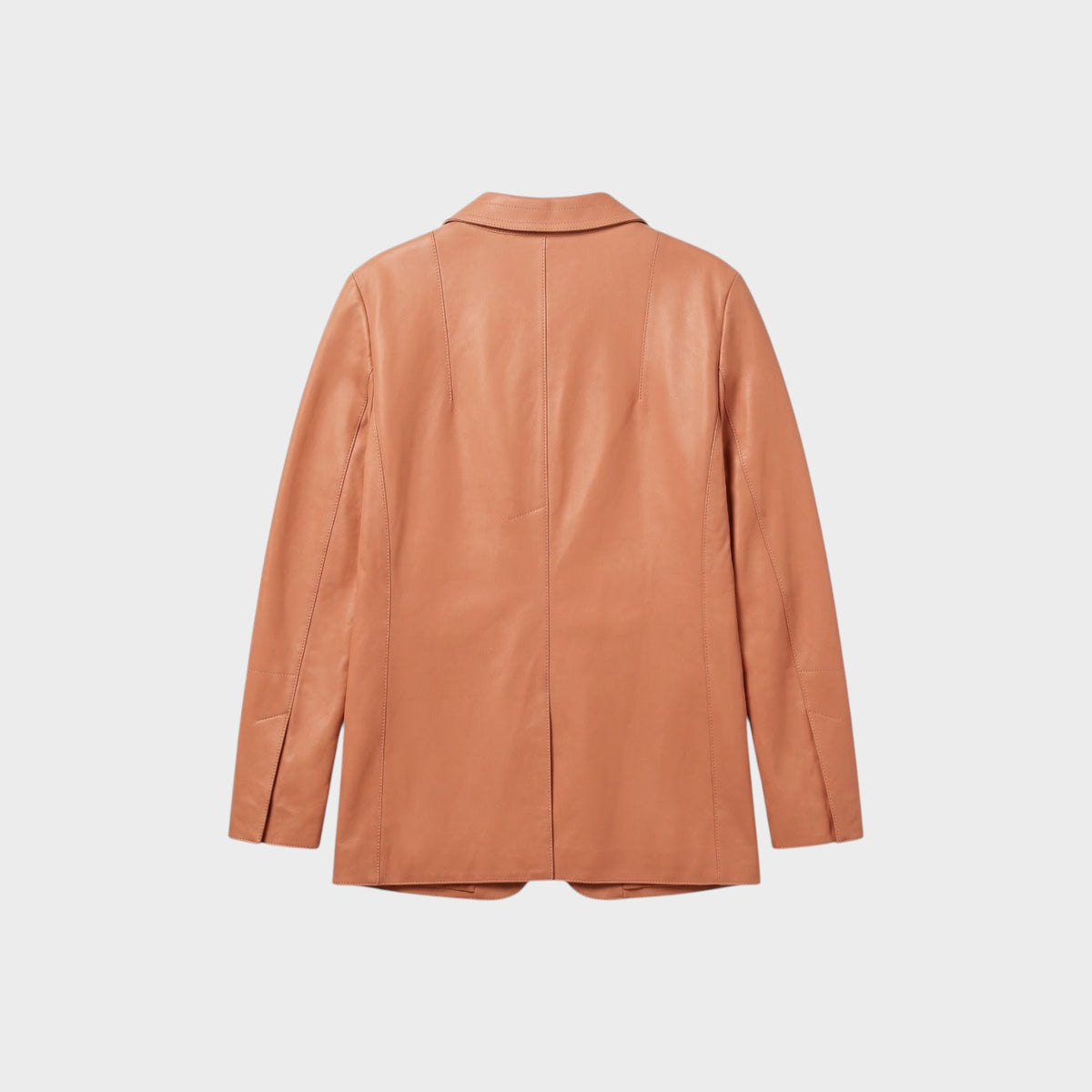 Back view of a Tasoni Nina Ricci leather blazer in a soft peach-pink hue with structured seams and a classic collar.