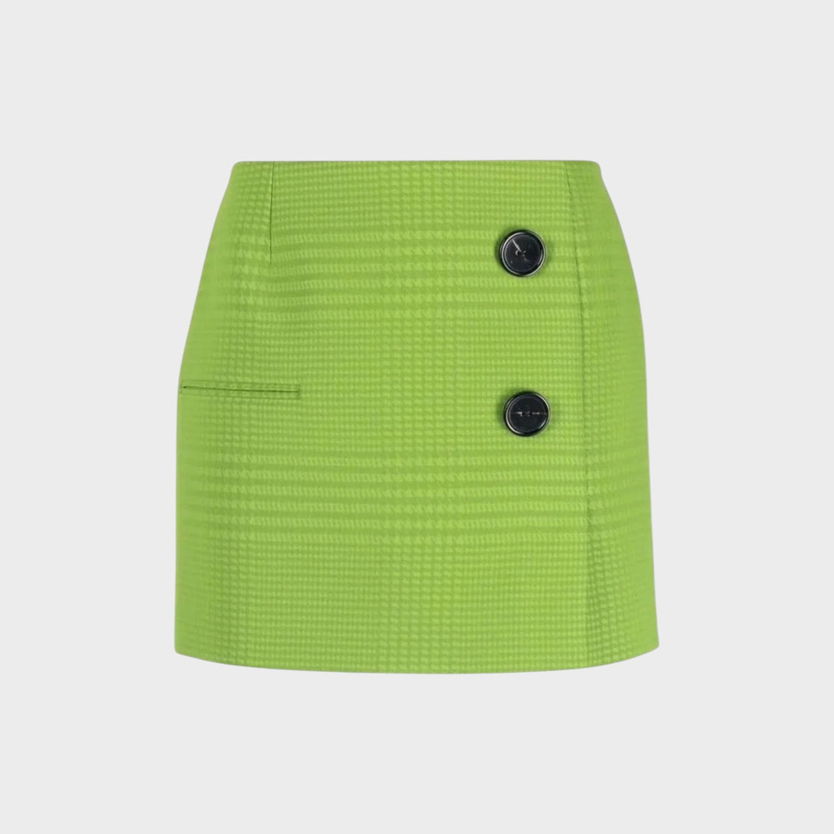 Tasoni Nina Ricci lime green houndstooth jacquard mini skirt with two black decorative buttons
