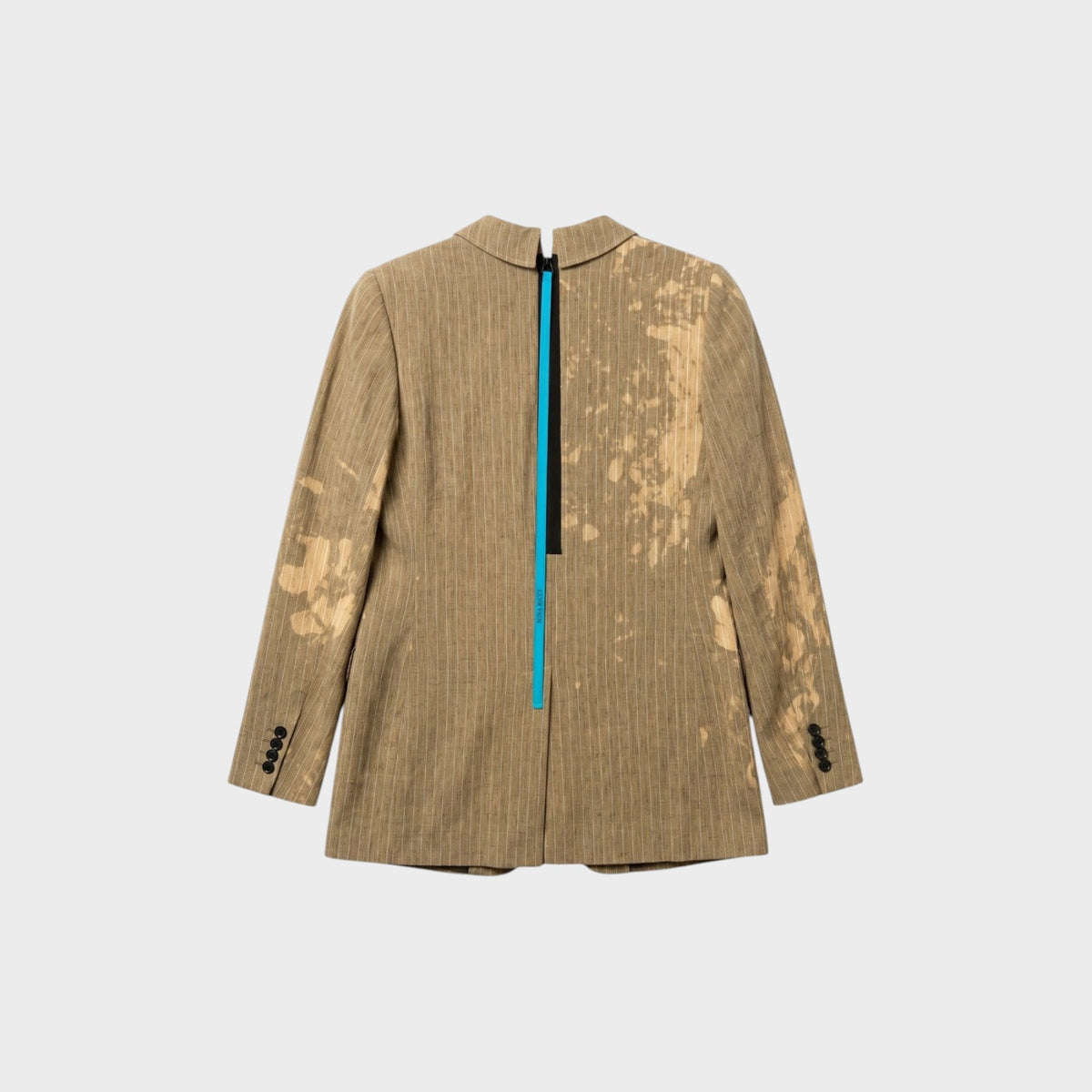 Tasoni Nina Ricci stone linen blazer featuring a vertical pinstripe pattern, bleach-effect detailing, and a blue zip