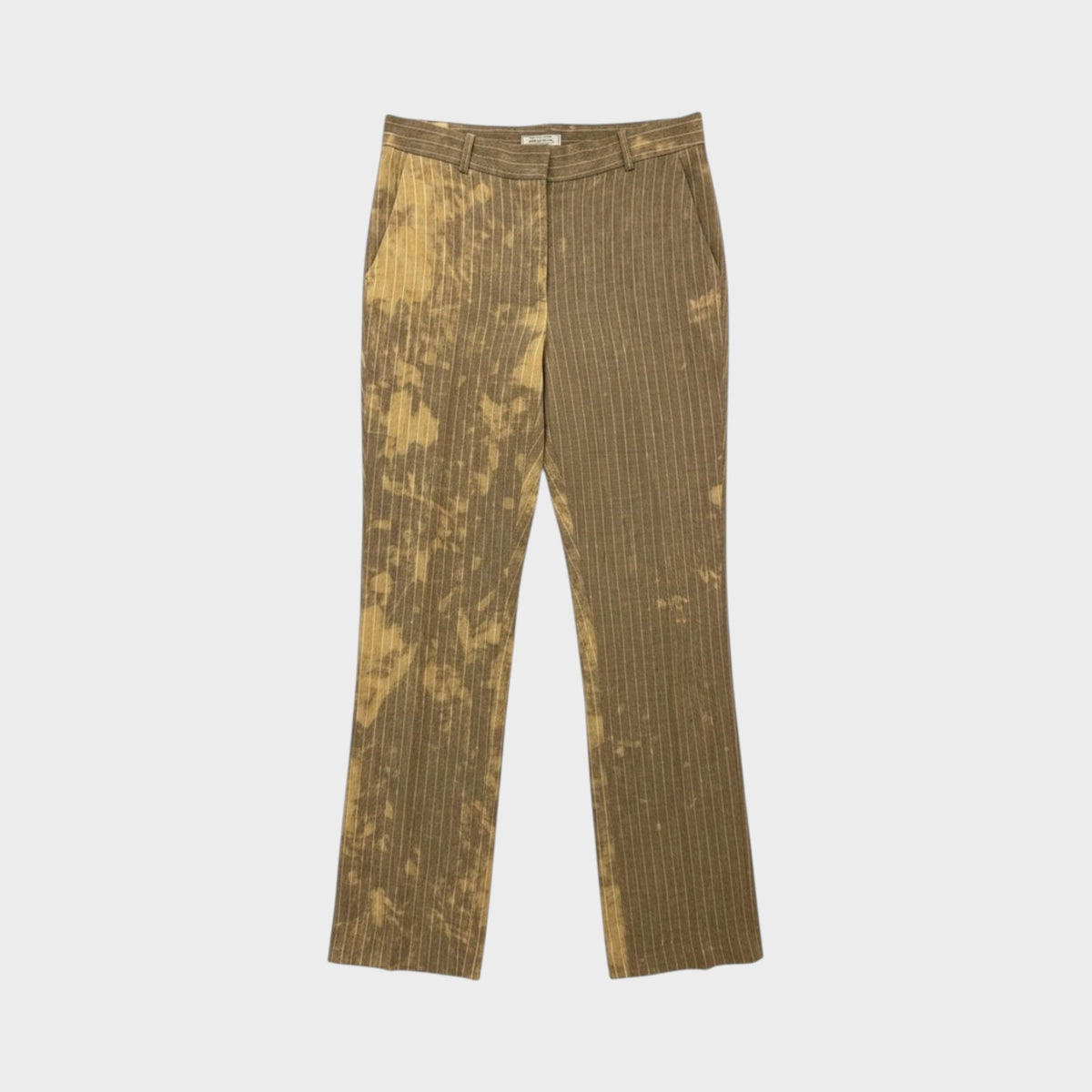 Tasoni Nina Ricci stone-colored linen trousers featuring a unique bleached stripe pattern and tailored fit.