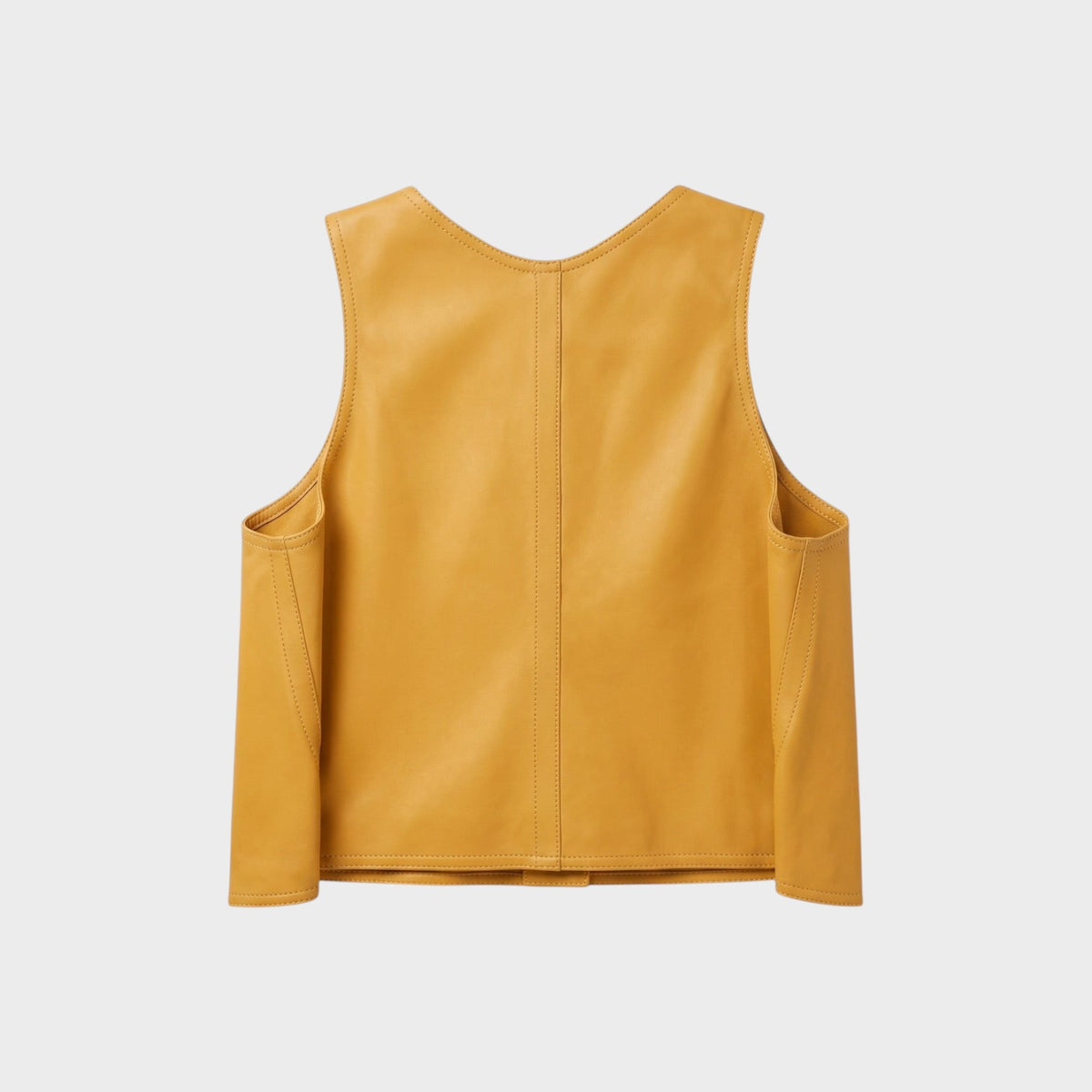 Tasoni Nina Ricci Miel crop leather vest in mustard yellow with a sleeveless design and back seam detail.