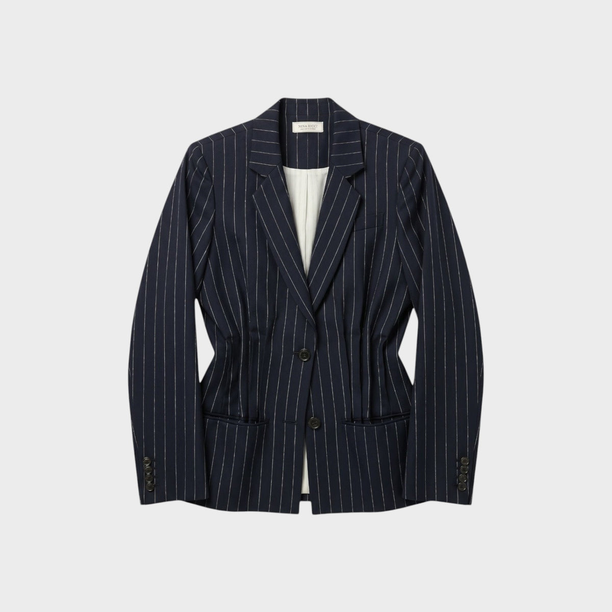 Tasoni Nina Ricci navy blue pinstripe wool blazer with a cinched waist and notched lapels
