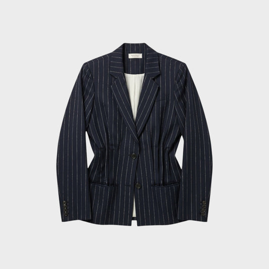 Tasoni Nina Ricci navy blue pinstripe wool blazer with a cinched waist and notched lapels