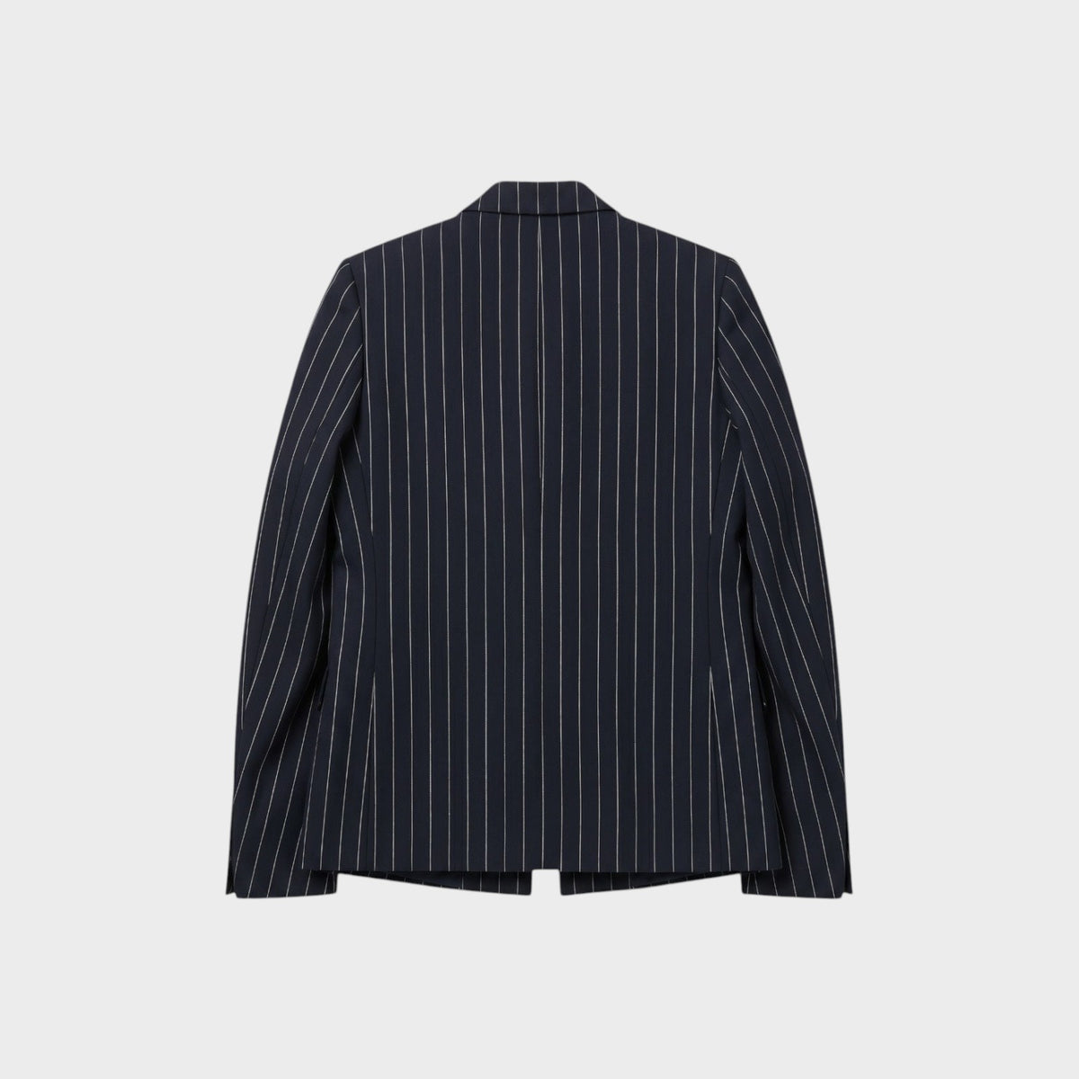 Back view of a Tasoni Nina Ricci navy blue wool blazer with white pinstripes and structured lapels